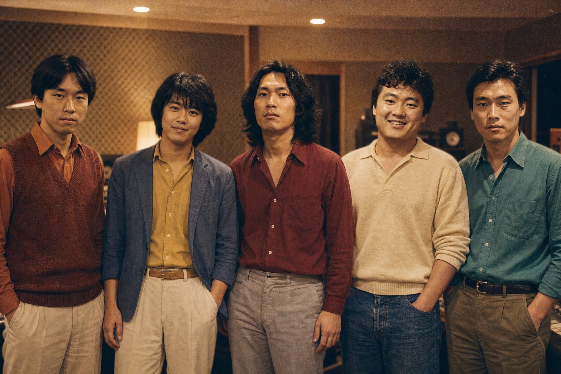 Bright Meridian — the five band members in the studio